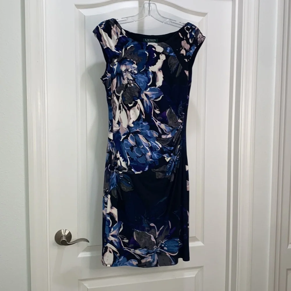 Lauren Ralph Lauren Navy Floral Cap-Sleeve Dress size 8 fully lined - Picture 1 of 12